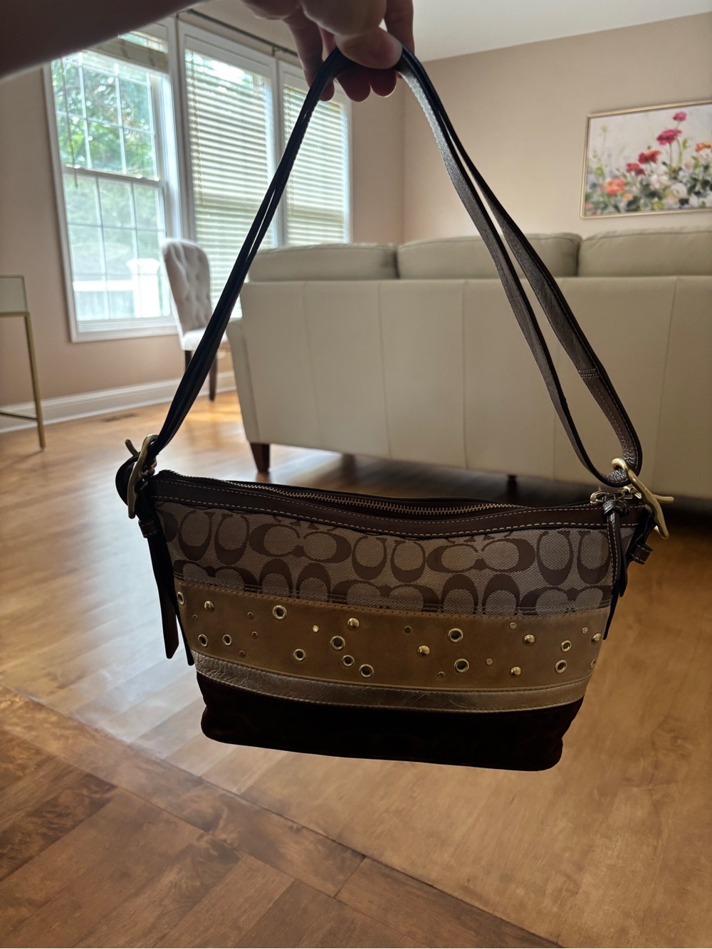 Vintage Coach Brown Signature Canvas Shoulder Bag with Stud Accents